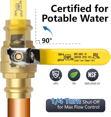 WiseWater 1 "صمام كرة ضغط بمنفذ كامل 1 حزمة | صمام كروي مغلق 1/4 دورة لتوصيل أنابيب النحاس، مقابض صفراء in Kuwait