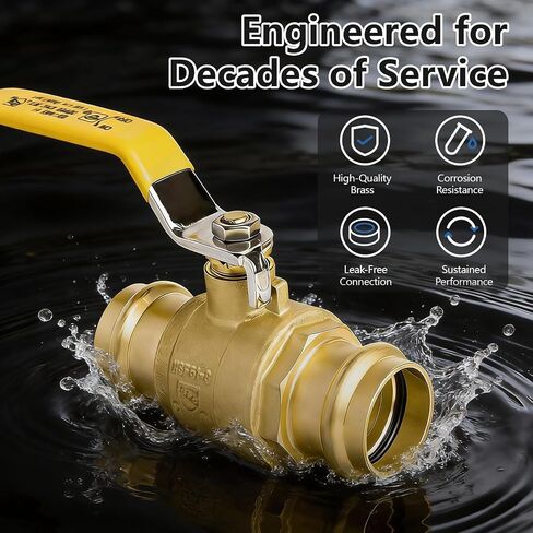 WiseWater 1 "صمام كرة ضغط بمنفذ كامل 1 حزمة | صمام كروي مغلق 1/4 دورة لتوصيل أنابيب النحاس، مقابض صفراء in Kuwait