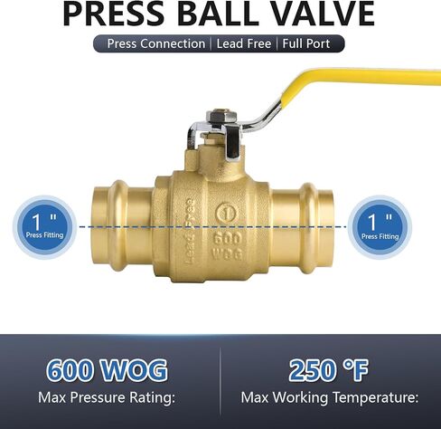 WiseWater 1 "صمام كرة ضغط بمنفذ كامل 1 حزمة | صمام كروي مغلق 1/4 دورة لتوصيل أنابيب النحاس، مقابض صفراء in Kuwait