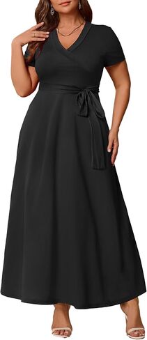 Runwind Women’s Plus Size Maxi Dress Short Sleeve Casusl Summer Long Dress Solid V-Neck Oversized Dresses in Saudi Arabia