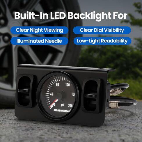 مقياس هواء بإبرة مزدوجة مع مفتاح مجداف، مقياس التحكم في ضغط الهواء بإضاءة خلفية LED لمجموعة تعليق الهواء، حامل خلفي 1/8 بوصة NPT، 12 فولت/24 فولت in Kuwait