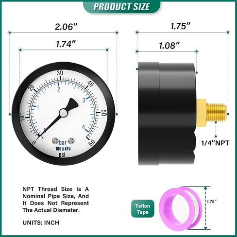 مقياس ضغط مضخة الآبار 0-60PSI مقاس 2 بوصة، حامل خلفي 1/8 بوصة NPT، دقة 3-2-3%، للأنبوب، مضخة المياه، الغاز، السائل، اختبار الضغط in Kuwait