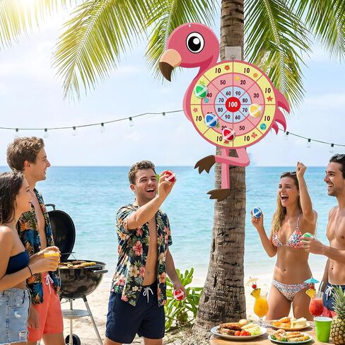 لوح رمي السهام فلامنغو كبير مقاس 29 بوصة، مجموعة لوحة رمي السهام في هاواي Hello Summer Dart Shooting Fun Party Play Game Toys لوازم الحفلات الاستوائية مع 12 كرة لاصقة وخطاف in Kuwait