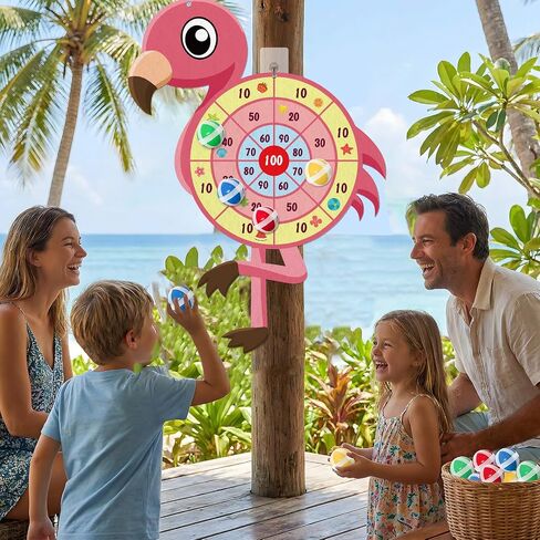 لوح رمي السهام فلامنغو كبير مقاس 29 بوصة، مجموعة لوحة رمي السهام في هاواي Hello Summer Dart Shooting Fun Party Play Game Toys لوازم الحفلات الاستوائية مع 12 كرة لاصقة وخطاف in Kuwait