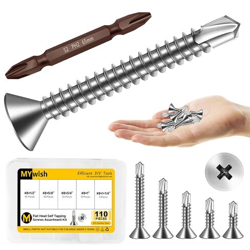 Mywish 110Pcs #8 Sheet Metal Self Tapping Screws Assortment Kit, 410 Stainless Steel, 1/2" to 1-1/4" Flat Head Truss Quick Tapping Self-Drilling Screws by Mywish in Kuwait
