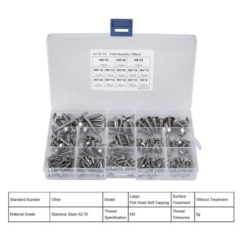 180 قطعة من الفولاذ المقاوم للصدأ برأس مسطح برغي حافر ذاتيًا مجموعة متنوعة M3 M4 M5 M6 لتثبيت الخشب المعدني والبلاستيك in Kuwait