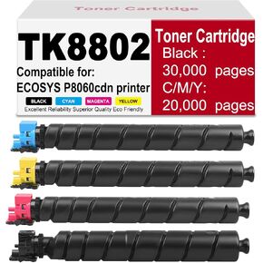خرطوشة حبر عالية الإنتاجية TK-8802 مكونة من 4 عبوات (أسود وسماوي وأرجواني وأصفر) - متوافقة مع طابعة Kyocera ECOSYS P8060cdn - ما يصل إلى 30,000 صفحة (أسود) / 20,000 صفحة (ملون) in Kuwait