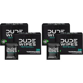مناديل مبللة للسفر بالنعناع أثناء التنقل من DUDE - مناديل مبللة كبيرة جدًا للبالغين قابلة للغسل - مملوءة بزيت شجرة الشاي وفيتامين E والصبار - آمنة للصرف الصحي والصرف الصحي، 30 قطعة (عبوة من 4 قطع) in Kuwait