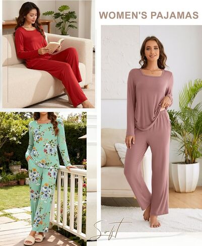 Andyeder Women's 2 قطعة الخريف pajama مجموعة مربعة رقبة طويلة الأكمام طويلة pjs صالة السراويل مع جيوب in Kuwait