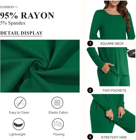 Andyeder Women's 2 قطعة الخريف pajama مجموعة مربعة رقبة طويلة الأكمام طويلة pjs صالة السراويل مع جيوب in Kuwait