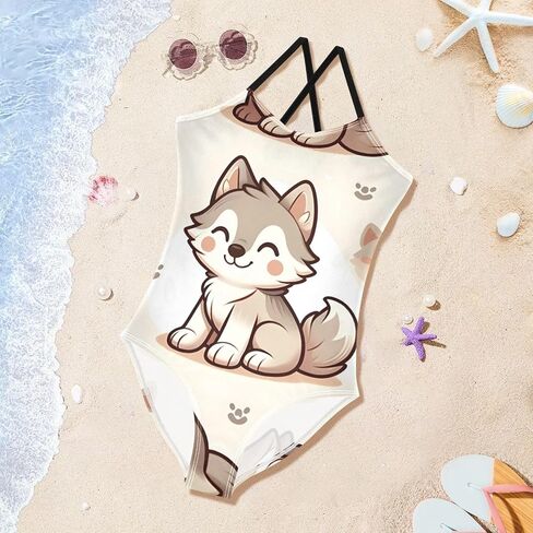 Girls One Piece Swimsuits, Cute Wolf Beach Bathing Suit Sport Halter Swimwear, 3T in Kuwait