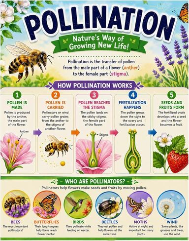 Pollination Educational Chart Poster Bee & Flower Science Wall Art in Kuwait