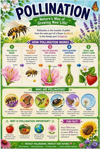 Pollination Educational Chart Poster Bee & Flower Science Wall Art in Kuwait