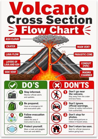 Volcano Cross Section Poster - Educational Wall Art for Geology - 13x19 | Unframed 13x19 poster print for glossy, Volcano Cross Section Flow Chart, volcano cross section with design panels in Kuwait