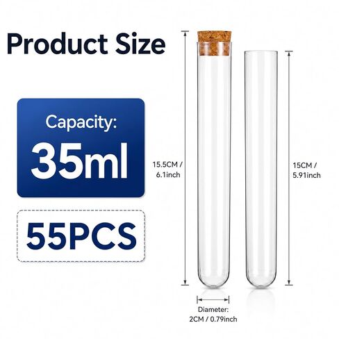 55 Pcs Plastic Test Tubes with Cork Stoppers, 35 mL Plastic Test Tubes, 0.8 x 6.1 in Propagation Tube Round Bottom Tube for Bath Salt, Candy, Beads, Powder, Party Favors and Lab Storage in Kuwait