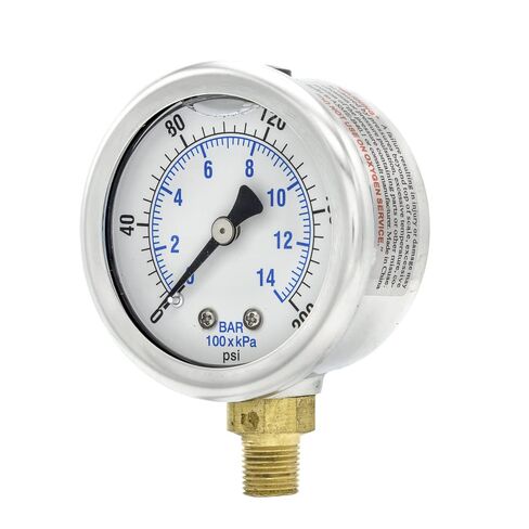 Liquid Filled Lower Mount Pressure Gauge with 2" Dial, 0-200 PSI, 1/8" Male NPT Connection, Stainless Steel CASE and Bezel (1) in Kuwait