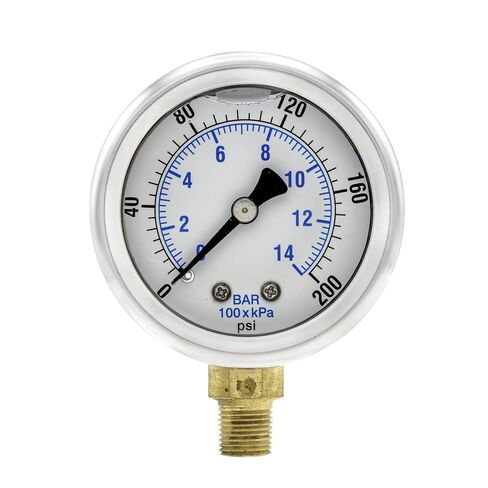 Liquid Filled Lower Mount Pressure Gauge with 2" Dial, 0-200 PSI, 1/8" Male NPT Connection, Stainless Steel CASE and Bezel (1) in Kuwait