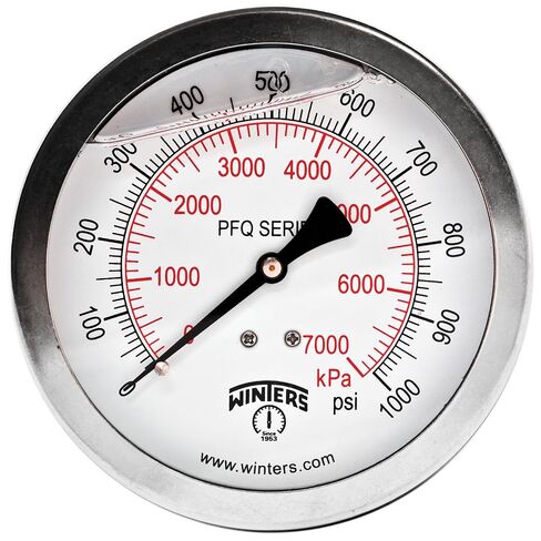 Winters 4" Dial Size, Liquid Filled Industrial Pressure Gauge, Stainless Steel Case and Internals, Dual Scale 0-1,000 psi/kPa, 1.5% Acc, 1/4" NPT Bottom Mount, Glycerin Filled Pressure Gauge in Kuwait