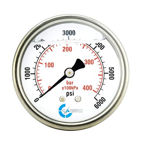 2" Pressure Gauge, Stainless Steel Case, Chrome Plated Brass Connection, Liquid Filled, 0-6000 psi/kPa, Back Mount 1/4" NPT in Kuwait