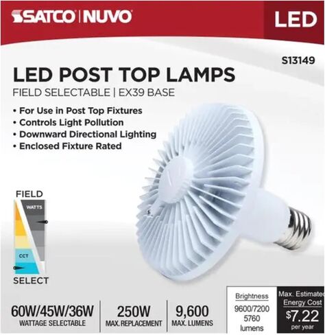 Satco S13149 36/45/60W LED HID بديل Corncob، CCT يمكن اختياره 3000K-5000K، قاعدة موغول ممتدة EX39، تجاوز الصابورة من النوع B، 120-277 فولت، 5220-9600 لومن، تصنيف التركيبات المغلقة، القاعدة للأسفل، IP65 in Kuwait