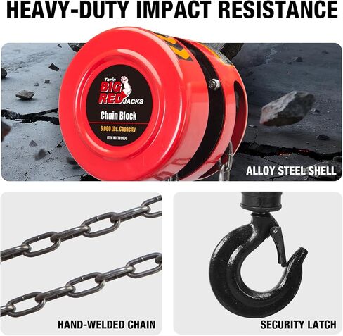 Big RED 3-Ton (6,000 lb) Capacity Manual Chain Hoist, 10ft Lift, Alloy Steel Construction, 360° Hooks with Safety Latch in Kuwait