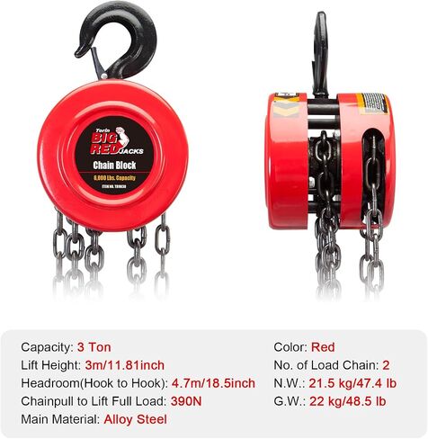 Big RED 3-Ton (6,000 lb) Capacity Manual Chain Hoist, 10ft Lift, Alloy Steel Construction, 360° Hooks with Safety Latch in Kuwait