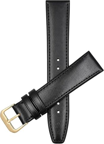 Bandini Extra Long (XL) 10mm Womens Italian Leather Watch Band Strap - Black with Stitch - Classic - Slim - Gold Buckle in Saudi Arabia