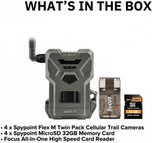 Spypoint Flex M Twin Pack 28MP Cellular Trail Cameras Bundle with 32GB High-Speed Memory Card (2-Pack) and High-Speed Card Reader (4 Items) in Saudi Arabia