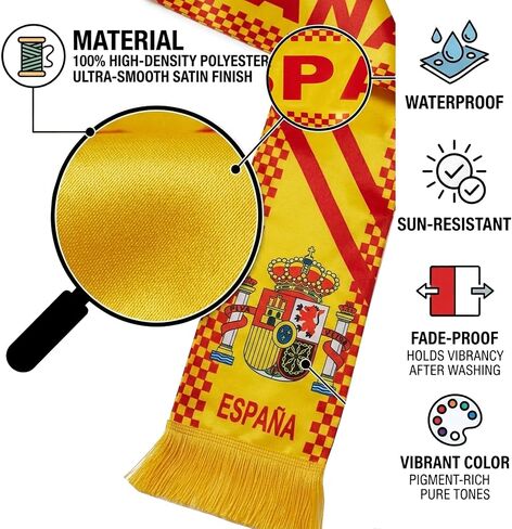 Spain Flag Scarf for Soccer Football Fans, Patriotic Spanish Spirit Team Supporter Wrap for Game Day, Lightweight Polyester Apparel for Stadium Events, Parades & Festivals, 65" x 6" in Kuwait
