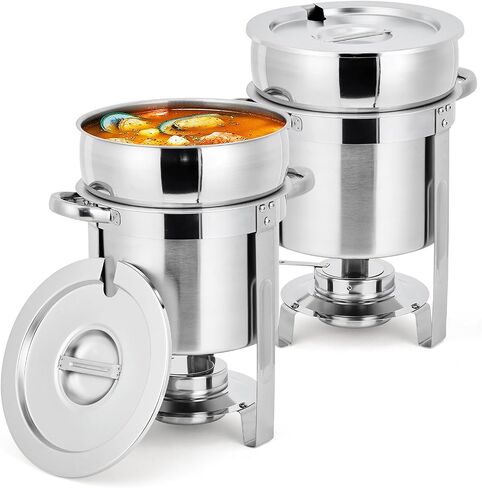 11QT Commercial Soup Chafer Large Capacity Soup Chafer Sets of 2, Stainless Steel Round Soup Warmer w/Pot, Notched Lid & Fuel Holder, Catering Marmite for Party, Buffet, Food Service in Kuwait
