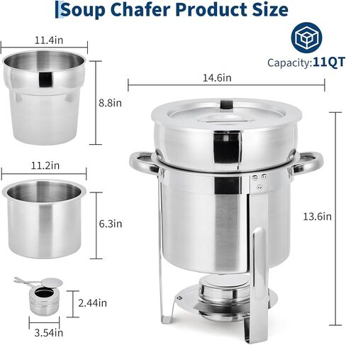 11QT Commercial Soup Chafer Large Capacity Soup Chafer Sets of 2, Stainless Steel Round Soup Warmer w/Pot, Notched Lid & Fuel Holder, Catering Marmite for Party, Buffet, Food Service in Kuwait