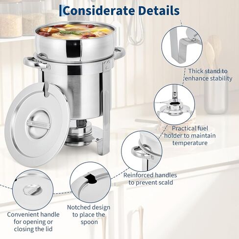 11QT Commercial Soup Chafer Large Capacity Soup Chafer Sets of 2, Stainless Steel Round Soup Warmer w/Pot, Notched Lid & Fuel Holder, Catering Marmite for Party, Buffet, Food Service in Kuwait