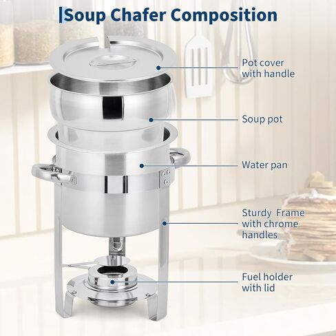 11QT Commercial Soup Chafer Large Capacity Soup Chafer Sets of 2, Stainless Steel Round Soup Warmer w/Pot, Notched Lid & Fuel Holder, Catering Marmite for Party, Buffet, Food Service in Kuwait