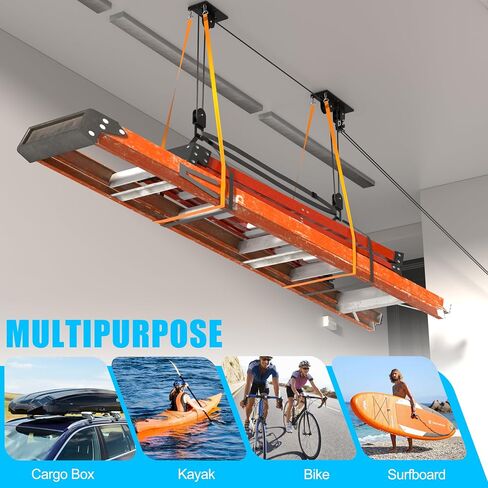 Ceiling Ladder Hoist, Heavy Duty Pulley System for Garage Storage, Ladder Hanger Hold Up to 150 lbs Capacity for Kayak, Cargo Box, Canoe, Bike Lift, Fit 10-18 Foot Ceilings, Black in Kuwait