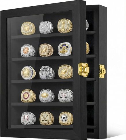 Championship Ring Display Case with 20 Adjustable Posts - Premium Wooden Wall Mount Shadow Box for Baseball, Basketball & Football Rings, Multi Ring Holder for Awards and Fan Souvenirs in Kuwait