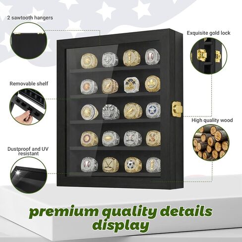 Championship Ring Display Case with 20 Adjustable Posts - Premium Wooden Wall Mount Shadow Box for Baseball, Basketball & Football Rings, Multi Ring Holder for Awards and Fan Souvenirs in Kuwait