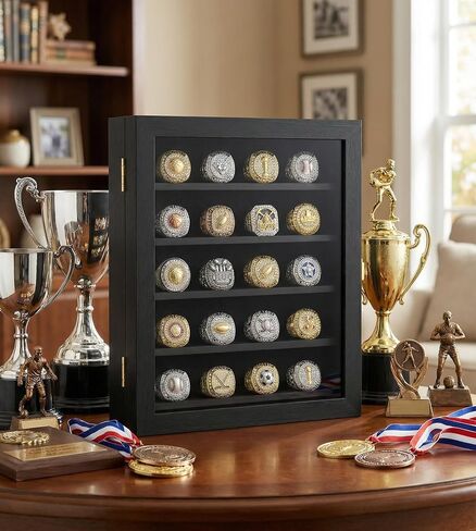 Championship Ring Display Case with 20 Adjustable Posts - Premium Wooden Wall Mount Shadow Box for Baseball, Basketball & Football Rings, Multi Ring Holder for Awards and Fan Souvenirs in Kuwait