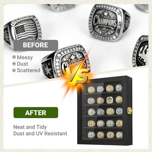Championship Ring Display Case with 20 Adjustable Posts - Premium Wooden Wall Mount Shadow Box for Baseball, Basketball & Football Rings, Multi Ring Holder for Awards and Fan Souvenirs in Kuwait