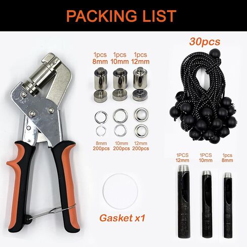 Heavy-Duty Grommet kit (1/4,3/8,1/2 Inch),with 600Pcs Heavy Duty Grommets(8mm,10mm,12mm)+30 Pack Ball Bungee Cord,Eyelets and Grommets for Tarps, Fabric Rings, Leather, Tents, Vinyl, Canvas and so on in Kuwait