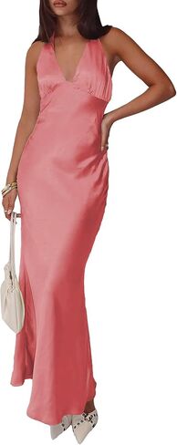 Women's Satin Dresses Summer Bodycon Sexy Halter V Neck Backless Elegant Formal Prom Cocktail Wedding Guest Maxi Dress in Kuwait