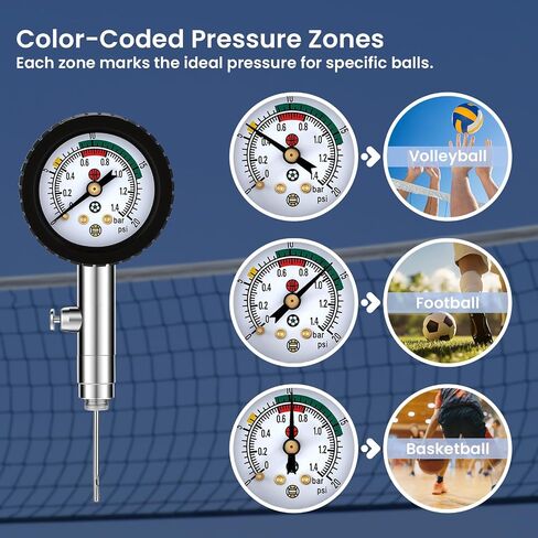 قياس ضغط الكرة متعدد الرياضات من MEASUREMAN مع زر الانكماش 0-20PSI/0-1.4 بار ومرمز بالألوان، 3.6x1.8in خفيف الوزن لكرة القدم وكرة القدم وكرة السلة وقياس ضغط الكرة الطائرة in Kuwait