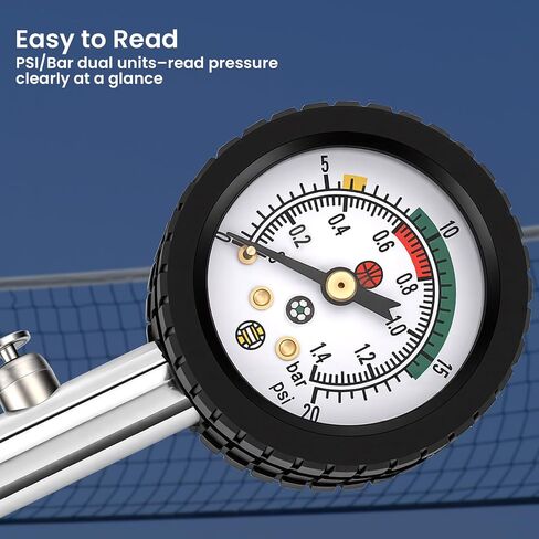 قياس ضغط الكرة متعدد الرياضات من MEASUREMAN مع زر الانكماش 0-20PSI/0-1.4 بار ومرمز بالألوان، 3.6x1.8in خفيف الوزن لكرة القدم وكرة القدم وكرة السلة وقياس ضغط الكرة الطائرة in Kuwait
