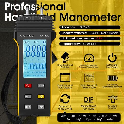 مقياس ضغط الهواء ثنائي المنفذ، 11 وحدة قابلة للاختيار لقياس الضغط التفاضلي، وشاشة LCD ودرجة الحرارة الداخلية مع سجل بيانات الإضاءة الخلفية للكشف عن تهوية خطوط أنابيب الغاز الطبيعي in Kuwait