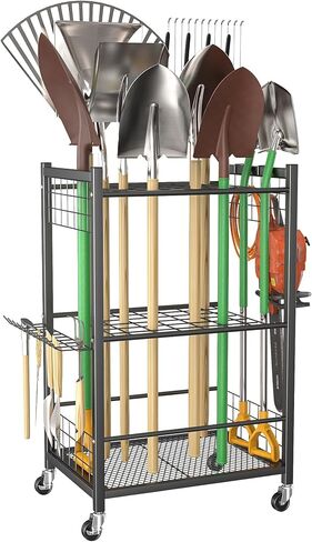 WALMANN Large Garden Tool Organizer with Wheels for Garage, Rakes/Shovels/Yard Tools Storage Stand for Yard, Garden, Indoor/Outdoor Long-Handled Tools Rolling Cart(Tool stand with shelves) in Kuwait