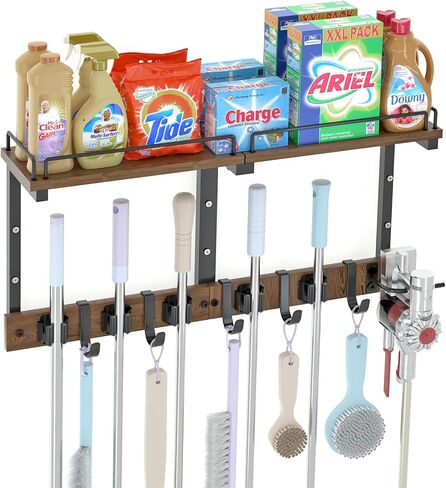 Mop Holder Wall Mount with Cleaning Supplies Organizer, Wood Mop and Broom Hanger Rack Organizer with Anti-Fall Wall Shelf with 5 Clips & Hooks for Garage Laundry Room Kitchen (Brown) in Kuwait