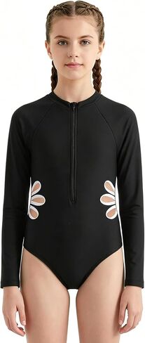 OBEEII Girls Long Sleeve One Piece Rash Guard Cutout Swimsuit Zip Up Surfing Bathing Suit Beach Sun Protection Swimming Suit in Kuwait