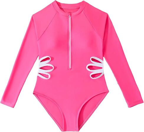 OBEEII Girls Long Sleeve One Piece Rash Guard Cutout Swimsuit Zip Up Surfing Bathing Suit Beach Sun Protection Swimming Suit in Kuwait