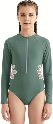OBEEII Girls Long Sleeve One Piece Rash Guard Cutout Swimsuit Zip Up Surfing Bathing Suit Beach Sun Protection Swimming Suit in Kuwait
