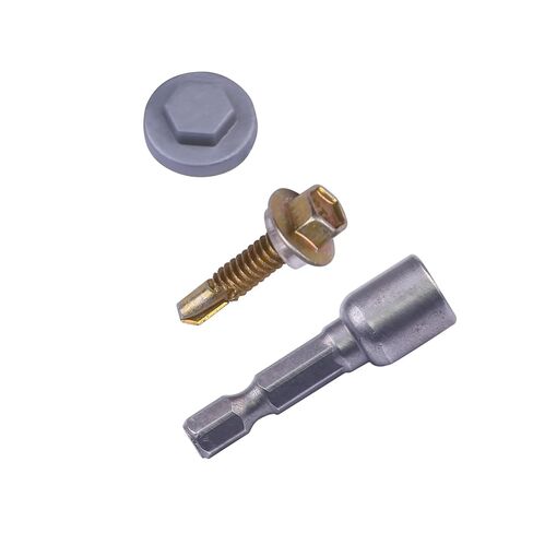 Roofing Screw Caps 100PCS M5.5 x 25mm Self Drilling Roofing Screws, Stainless Steel Hex Washer Head TEK Screws with 100 Silver Gray 8mm Screw Caps and Socket, Metal to Metal Sheet Screws in Kuwait