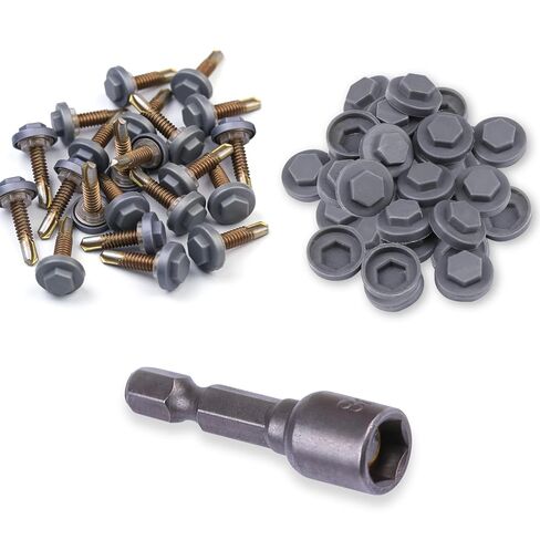 Roofing Screw Caps 100PCS M5.5 x 25mm Self Drilling Roofing Screws, Stainless Steel Hex Washer Head TEK Screws with 100 Silver Gray 8mm Screw Caps and Socket, Metal to Metal Sheet Screws in Kuwait